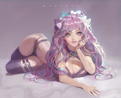 Rule 34 | 1girl, absurdres, arm support, artist name, bare shoulders, bikini, blue bow, blue hair, bow, braid, breasts, cleavage, curly hair, eyelashes, fingernails, hair bow, hand on own cheek, hand on own face, highres, index finger raised, large breasts, long fingernails, long hair, lying, multicolored hair, navel, nose, on side, original, parted lips, purple bikini, purple bow, purple eyes, purple hair, purple thighhighs, solo, stomach, swimsuit, thighhighs, very long hair, wonst92