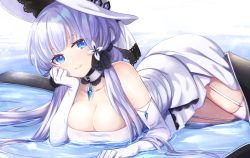 Rule 34 | 1girl, azur lane, blue eyes, breasts, choker, cleavage, collarbone, commentary request, dress, elbow gloves, garter straps, gloves, hair ornament, hat, illustrious (azur lane), kon (k0n16), large breasts, long hair, looking at viewer, lying, on stomach, shallow water, silver hair, smile, solo, sun hat, thighhighs, tri tails, water, white dress, white gloves, white thighhighs