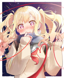 Rule 34 | 1girl, blonde hair, bloom, blush, border, brown bag, commentary, curly hair, gradient hair, grey scarf, heart, heart-shaped pupils, highres, hosupi, looking at viewer, multicolored hair, neckerchief, outside border, parted lips, pink eyes, pink hair, project sekai, red neckerchief, sailor collar, scarf, sidelocks, sleeves past wrists, solo, star (symbol), starry background, string, string around finger, string of fate, sunburst, sweater, swept bangs, symbol-shaped pupils, tenma saki, twintails, upper body, white border, white sailor collar, yellow sweater