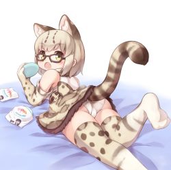 Rule 34 | 10s, 1girl, animal ear fluff, animal ears, ass, bare shoulders, bed, bed sheet, brown-framed eyewear, cameltoe, cat ears, cat tail, commentary, eating, elbow gloves, extra ears, fang, food, food wrapper, glasses, gloves, grape-kun, green eyes, holding, holding food, humboldt penguin (kemono friends), japari bun, kemono friends, leg up, looking back, lying, margay (kemono friends), margay print, matsuu (akiomoi), medium hair, on stomach, open mouth, panties, penguins performance project (kemono friends), platinum blonde hair, shirt, solo, tail, thighhighs, underwear, upskirt, white panties, white shirt, zettai ryouiki