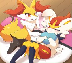 Rule 34 | 2girls, :&lt;, :3, animal ear fluff, animal ears, animal feet, animal nose, black fur, blush, body fur, braixen, bright pupils, chromatic aberration, cinderace, closed mouth, creatures (company), eye contact, fang, female focus, flat chest, fox ears, fox girl, fox tail, from above, full body, furry, furry female, game freak, gen 6 pokemon, gen 8 pokemon, half-closed eye, hand up, hands up, happy, head rest, heart, heart-shaped pillow, highres, holding, holding pillow, knees together feet apart, knees up, legs together, looking at another, looking to the side, love ball, lying, multiple girls, neck fur, nervous, nintendo, on back, on side, one eye closed, open mouth, pillow, poke ball, poke ball theme, pokemon, pokemon (creature), rabbit ears, rabbit girl, rabbit tail, red eyes, red fur, red hair, rug, short hair, sideways mouth, smile, snout, stick, subaru331, sweat, tail, white fur, white pupils, wooden floor, yellow fur