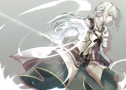 Rule 34 | 1boy, armor, bedivere (fate), blonde hair, braid, breastplate, cape, closed mouth, fate/grand order, fate (series), gauntlets, green eyes, grey background, knight, long hair, looking to the side, male focus, mujou (mjoysk), ponytail, prosthesis, prosthetic arm, simple background, solo, standing, white cape