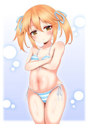 Rule 34 | 1girl, bikini, blue background, breasts, brown eyes, brown hair, covering breasts, covering privates, crossed arms, highres, hosizora mikoto, idolmaster, idolmaster cinderella girls, long hair, navel, ribbon, side-tie bikini bottom, simple background, small breasts, solo, striped bikini, striped clothes, swimsuit, thighs, twintails, yuuki haru