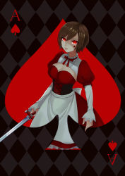 Rule 34 | 1girl, absurdres, ace (playing card), ace of spades, brown hair, card, glowing, glowing eyes, highres, hitobashira alice (vocaloid), holding, holding sword, holding weapon, layered sleeves, long sleeves, meiko (vocaloid), playing card, puffy short sleeves, puffy sleeves, red eyes, ribbon, sassan x, short hair, short over long sleeves, short sleeves, solo, spade (shape), sword, vocaloid, weapon