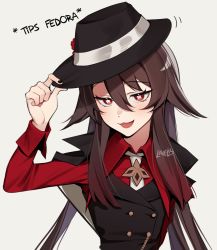 Rule 34 | 1girl, black hat, black nails, brown hair, english text, fedora, genshin impact, half-closed eyes, hat, hat tip, highres, hu tao (genshin impact), hu tao (oneplus) (genshin impact), lavelis, long sleeves, nail polish, necktie, official alternate costume, open mouth, red eyes, red shirt, shirt, simple background, smile, smug, solo, symbol-shaped pupils, twintails, vest, white background, white necktie