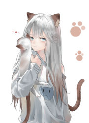 Rule 34 | 1girl, absurdres, animal, animal ears, bad id, bad pixiv id, blue eyes, brown hair, cat, cat ears, cat girl, cat tail, closed mouth, commentary, commentary request, english commentary, gradient hair, grey sweater, heart, highres, holding, holding animal, jenmin12, long hair, long sleeves, looking at viewer, multicolored hair, original, paw print, silver hair, simple background, single bare shoulder, slit pupils, solo, sweater, tail, upper body, white background