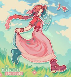 Rule 34 | 1girl, aerith gainsborough, aircraft, airship, blue eyes, blue flower, blue sky, boots, bracelet, braid, brown footwear, brown hair, clothes grab, cloud, cloudy sky, commentary, cropped jacket, day, dress, ellie lotus, english commentary, final fantasy, final fantasy vii, final fantasy vii remake, flower, from side, full body, grass, green flower, hair ribbon, hand up, highres, jacket, jewelry, long dress, long hair, looking at viewer, one eye closed, open clothes, open jacket, open mouth, outdoors, parted bangs, pink dress, pink flower, pink ribbon, ponytail, red jacket, ribbon, running, short sleeves, sky, smile, solo, waving
