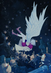 Rule 34 | 1girl, absurdres, boots, brown footwear, bubble, coat, dark, dark background, dress, explosive, falling, feathered wings, foreshortening, full body, hand to own mouth, highres, kishin sagume, ko kita, large wings, legs, long sleeves, mine (weapon), mixed-language commentary, open clothes, open coat, purple dress, red eyes, short hair, single wing, solo, spell card, touhou, underwater, white coat, white hair, white wings, wings