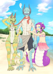 Rule 34 | 1boy, 2girls, armpits, beach, bikini, blue eyes, blush, breasts, cameltoe, chameleon, claws, cloud, coiled, colored skin, earrings, closed eyes, flat chest, glasses, green skin, highres, holding own arm, horns, jewelry, jon henry nam, lamia, lens flare, micro bikini, midriff, monster girl, multiple girls, namu gunsou, navel, necklace, outdoors, pince-nez, purple hair, reptile, ribbon, sky, small breasts, smile, soul, swimsuit, tail, tears, yellow eyes
