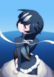 Rule 34 | 1girl, 9735aoitora, :d, bird girl, bird tail, black hair, black sweater, blush, commentary request, empty eyes, from behind, great auk (kemono friends), hair ornament, hair tie, highres, kemono friends, long hair, long sleeves, looking at viewer, miniskirt, multicolored hair, ocean, open mouth, penguin tail, pleated skirt, purple eyes, sitting, skirt, smile, solo, spotted hair, sweater, tail, thighhighs, turtleneck, white hair, white skirt