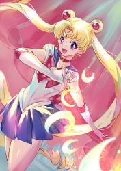 Rule 34 | 1girl, absurdres, back bow, bishoujo senshi sailor moon, blonde hair, blue eyes, blue sailor collar, blue skirt, bow, choker, commentary request, cowboy shot, double bun, elbow gloves, gloves, highres, leotard, long hair, looking at viewer, magical girl, moon stick, pleated skirt, red bow, red choker, sailor collar, sailor moon, sailor senshi uniform, shipu (gassyumaron), skirt, smile, solo, tsukino usagi, twintails, white gloves, white leotard