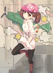 Rule 34 | 10s, 1girl, aircraft, airplane, bad id, bad twitter id, black pantyhose, blush, boots, brown eyes, brown hair, casual, clothes writing, commentary request, dress, female focus, graffiti, hands in pockets, hat, hooded dress, kantai collection, kureha (angelite), looking at viewer, magatama, pantyhose, ryuujou (kancolle), smile, solo, star (symbol), sweater, sweater dress, twintails, wall