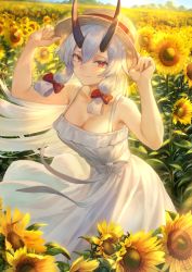 Rule 34 | 1girl, adjusting clothes, adjusting headwear, bare shoulders, bow, breasts, cleavage, closed mouth, collarbone, contemporary, dress, fate/grand order, fate (series), field, flower, flower field, hair between eyes, hair bow, hands up, hat, highres, horns, large breasts, long hair, looking at viewer, mashuu (neko no oyashiro), oni horns, red bow, red eyes, sidelocks, silver hair, smile, solo, straw hat, sunflower, sunflower field, tomoe gozen (fate), very long hair, white dress