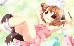 Rule 34 | 1girl, animal ears, brown eyes, brown hair, bubble, cat ears, cat tail, chen, commentary request, earrings, jewelry, multiple tails, naked towel, nekomata, open mouth, pila-pela, short hair, single earring, solo, tail, touhou, towel, two tails, wavy mouth