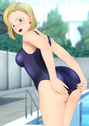 Rule 34 | 1girl, absurdres, adjusting clothes, adjusting swimsuit, android 18, ass, back, blonde hair, blue eyes, blush, breasts, dragon ball, dragonball z, earrings, female focus, from behind, highres, jewelry, large breasts, legs, looking back, open mouth, pool, short hair, sideboob, solo, standing, surprised, swimsuit, thighs, water, yadokari genpachirou