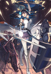 Rule 34 | 1girl, blush, boots, breasts, dress, glowing, hair ornament, helmet, highres, holding, holding sword, holding weapon, large breasts, long hair, multicolored hair, official art, open mouth, original, selenoring, shield, skeleton, skirt, sword, tiara, very long hair, weapon, white legwear