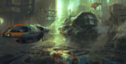 Rule 34 | aircraft, city, cityscape, commentary, day, highres, hwanggyu kim, original, outdoors, scenery, science fiction, signature, smoke