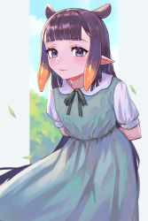 Rule 34 | 1girl, absurdres, animal ears, arms behind back, black hair, blue eyes, blunt bangs, blush, closed mouth, commentary, dress, flat chest, gradient hair, green dress, green ribbon, highres, hololive, hololive english, kiwwwwwi, leaning forward, long dress, long hair, looking at viewer, mole, mole under eye, multicolored hair, neck ribbon, ninomae ina&#039;nis, orange hair, pinafore dress, pointy ears, ribbon, shirt, short sleeves, sidelocks, sleeveless dress, smile, solo, straight hair, tentacle hair, very long hair, virtual youtuber, white shirt