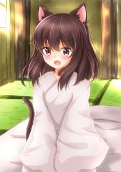 Rule 34 | &gt;:o, 1girl, :o, absurdres, animal ears, bad id, bad pixiv id, blush, brown eyes, brown hair, cat ears, cat tail, commentary, futon, hakurei reimu, highres, long hair, looking at viewer, open mouth, robe, seiza, sitting, sleepwear, sleeves past wrists, solo, tail, tatami, touhou, unira, v-shaped eyebrows, white robe