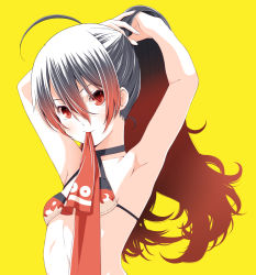 Rule 34 | 1girl, ahoge, armpits, black hair, breasts, gradient hair, hair between eyes, long hair, looking at viewer, mouth hold, multicolored hair, oshiro project:re, oshiro project:re, red eyes, red hair, ribbon, ribbon in mouth, sanada maru (oshiro project), simple background, small breasts, solo, swimsuit, tsukumo (soar99), tying hair, upper body, yellow background