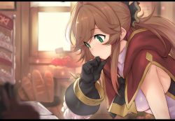 Rule 34 | 1girl, black gloves, blurry, breasts, cape, clarisse (granblue fantasy), commentary request, depth of field, evening, frilled gloves, frills, from side, gloves, granblue fantasy, green eyes, indoors, kztk, long hair, looking down, medium breasts, orange hair, ponytail, reading, red cape, ribbed shirt, shirt, sleeveless, sleeveless shirt, solo, sunlight, swept bangs, turtleneck, upper body, white shirt, window, wooden wall
