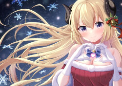Rule 34 | 1girl, absurdres, bare shoulders, black horns, blonde hair, breasts, christmas, cleavage, commentary request, detached collar, gloves, hair between eyes, heart, heart hands, highres, hololive, horns, kaigan, large breasts, long hair, looking at viewer, purple eyes, sheep girl, sheep horns, smile, snowflakes, solo, tsunomaki watame, upper body, virtual youtuber, white gloves