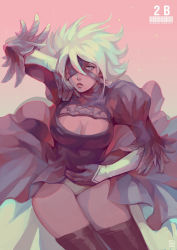 Rule 34 | 1girl, absolum art, artist logo, blue eyes, breasts, cleavage, clothes lift, dress, elbow gloves, eyepatch, gloves, hair lift, hand on own face, highres, long dress, long sleeves, looking at viewer, medium breasts, nier (series), nier:automata, pantyhose, short hair, skirt, skirt lift, socks, socks over thighhighs, solo, teeth, thick thighs, thighs, tight clothes, white hair, 2b (nier:automata)