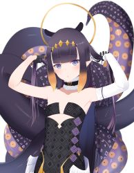 Rule 34 | 1girl, :o, absurdres, armpits, arms up, black dress, black gloves, blue eyes, blunt bangs, blush, breasts, detached sleeves, dress, fur collar, gloves, halo, highres, holding, holding hair, hololive, hololive english, long hair, looking at viewer, low wings, mengo, mole, mole under eye, monster girl, ninomae ina&#039;nis, ninomae ina&#039;nis (1st costume), pointy ears, purple hair, simple background, single detached sleeve, small breasts, solo, strapless, strapless dress, tentacle hair, tentacles, tiara, upper body, virtual youtuber, wings