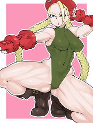 Rule 34 | 1girl, absurdres, ahoge, asha, beret, blonde hair, blue eyes, boots, braid, breasts, brown footwear, cammy white, cross-laced footwear, fingerless gloves, gloves, green leotard, hat, highleg, highleg leotard, highres, lace-up boots, leotard, long hair, medium breasts, muscular, muscular female, red gloves, red hat, scar, scar on face, simple background, sleeveless, solo, squatting, street fighter, street fighter v, thighs, turtleneck, twin braids
