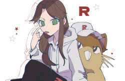 Rule 34 | 1girl, black pants, bright pupils, brown hair, commentary request, creatures (company), eyelid pull, game freak, gen 1 pokemon, green (pokemon), green eyes, grey hoodie, hand up, hat, hime (himetya105), hood, hood down, hoodie, logo, long hair, nintendo, pants, pokemon, pokemon (creature), pokemon adventures, raticate, sidelocks, star (symbol), team rocket, tongue, tongue out, white background, white pupils