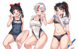 Rule 34 | 3girls, artist name, baton, black bra, black buruma, black eyes, black hair, blue one-piece swimsuit, bow, bra, breasts, buruma, cenangam, cleavage, closed mouth, clothes lift, commentary, competition swimsuit, cousins, covered navel, double vertical stripe, groin, gym shirt, gym uniform, hair bow, half-closed eyes, han&#039;you no yashahime, highleg, highleg swimsuit, highres, higurashi towa, holding, inuyasha, invisible chair, large breasts, lifting own clothes, light frown, long hair, medium breasts, medium hair, moroha (inuyasha), multicolored hair, multiple girls, name tag, navel, old school swimsuit, one-piece swimsuit, open mouth, ponytail, purple eyes, red bow, red eyes, red hair, school swimsuit, see-through, setsuna (inuyasha), shirt, shirt lift, short hair, short sleeves, siblings, signature, silver hair, simple background, sisters, sitting, skindentation, small breasts, smile, standing, steam, streaked hair, sweat, swimsuit, t-shirt, towel, towel around neck, underwear, wet, wet clothes, wet shirt, wet swimsuit, white background, white one-piece swimsuit, wiping sweat
