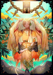 Rule 34 | 1boy, absurdres, barefoot, blonde hair, closed mouth, dress, flower, full body, half-closed eyes, highres, indian style, japanese clothes, long sleeves, looking at viewer, male focus, mura karuki, original, scenery, short hair, sitting, sky, smile, solo, wide sleeves, yellow dress, yellow eyes