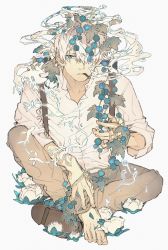 Rule 34 | 1boy, absurdres, barefoot, berry, blue eyes, brown footwear, brown pants, cigarette, collared shirt, daruma owl, dress shirt, flower, full body, ginko, hair between eyes, hair over one eye, highres, indian style, crossed legs, looking at viewer, male focus, mushishi, pants, partially unbuttoned, plant, shirt, shoes, short hair, silver hair, simple background, single shoe, sitting, smoke, smoking, solo, spirit, suspenders, vines, white background, white shirt