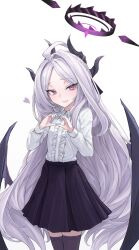Rule 34 | 1girl, bag (chrko bag), black horns, black skirt, black thighhighs, black wings, blue archive, cowboy shot, grey hair, halo, heart, heart hands, highres, hina (blue archive), horns, long hair, long sleeves, looking at viewer, multiple horns, open mouth, purple eyes, shirt, shirt tucked in, simple background, skirt, smile, solo, thighhighs, very long hair, white background, white shirt, wings