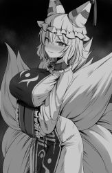 Rule 34 | 1girl, blush, breasts, cowboy shot, fox girl, fox tail, from side, greyscale, large breasts, licking lips, long sleeves, looking at viewer, marota, monochrome, multiple tails, seductive smile, smile, solo, tail, tongue, tongue out, touhou, yakumo ran