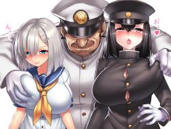 Rule 34 | 10s, 1boy, 2girls, admiral (kancolle), akitsu maru (kancolle), beard, black eyes, black hair, blue eyes, blush, grabbing another&#039;s breast, breasts, facial hair, gloves, grabbing, groping, hair ornament, hair over one eye, hairclip, hamakaze (kancolle), hat, hat over eyes, kantai collection, large breasts, lips, military, military uniform, multiple girls, mustache, open mouth, peaked cap, school uniform, serafuku, shirt, short hair, silver hair, tight shirt, uniform, upper body, white background, white gloves, yapo (croquis side)