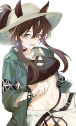 Rule 34 | 1girl, absurdres, animal ears, arknights, blush, bracelet, breasts, brown hair, coat, commission, crop top, crossed bangs, ears through headwear, green coat, green eyes, hair between eyes, hat, highres, hip bones, horse ears, horse girl, jewelry, korean commentary, looking at viewer, meteor (arknights), meteor (bard&#039;s holiday) (arknights), midriff, multicolored hair, open clothes, open coat, pants, parted lips, ponytail, ran (bearsoymilk), simple background, solo, stomach, white background, white hair, white pants
