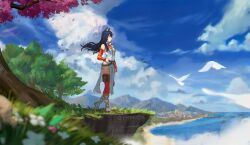 Rule 34 | 1girl, animal ear fluff, animal ears, bird, black hair, blurry, blurry background, blurry foreground, cat ears, cherry blossoms, cliff, cloud, cloudy sky, commentary, commission, day, detached sleeves, emknov, english commentary, flower, from side, grass, highres, long hair, looking afar, ocean, original, pelvic curtain, pouch, profile, side slit, sky, solo, thigh pouch, tree, white footwear, wind