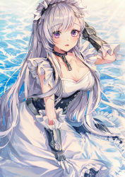 Rule 34 | 1girl, absurdres, apron, arm up, azur lane, bare shoulders, belfast (azur lane), braid, breasts, caustics, chain, cleavage, collar, collarbone, dress, gauntlets, highres, large breasts, long hair, looking at viewer, maid, maid apron, maid headdress, md5 mismatch, open mouth, purple eyes, resolution mismatch, silver hair, sleeveless, sleeveless dress, solo, source smaller, sunlight, ttosom, very long hair, water, wet, white dress