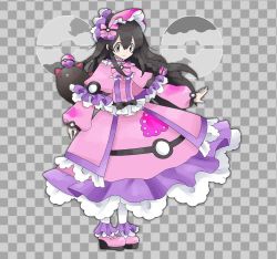 Rule 34 | 1girl, alternate costume, black hair, bonnet, bow, braid, checkered background, closed mouth, creatures (company), dream ball, dress, female focus, flat chest, frilled dress, frills, full body, game freak, gen 7 pokemon, grey background, grey eyes, hair between eyes, hair bow, hair ornament, happy, jpeg artifacts, long hair, long sleeves, looking at viewer, namako plum, nintendo, official style, pantyhose, pink bow, pink dress, pink eyes, pink footwear, pink headwear, plum (vtuber), plum no bouken note, poke ball, poke ball symbol, pokemon, pokemon (creature), pyukumuku, shoes, simple background, smile, solo focus, standing, twin braids, two-tone background, virtual youtuber, white pantyhose