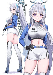 Rule 34 | 1girl, absurdres, black gloves, blue archive, blush, boots, breasts, closed mouth, flag, gloves, grey hair, halo, hand on own hip, highres, holding, holding flag, large breasts, long hair, long sleeves, mechanical halo, multiple views, navel, noa (blue archive), open mouth, pizzasi, purple eyes, race queen, simple background, smile, thigh boots, white background, white footwear