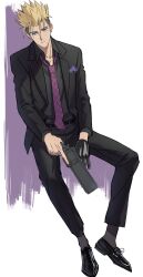 Rule 34 | 1boy, @acchom zatta, absurdres, agl arms .45 long colt, belt, black belt, black footwear, black gloves, black jacket, black pants, black shirt, black suit, blonde hair, blue eyes, break-action revolver, collared shirt, earrings, formal, full body, gloves, gun, handgun, highres, holding, holding gun, holding weapon, jacket, jewelry, looking at viewer, low bore axis revolver, male focus, mole, mole under eye, necktie, pants, purple necktie, revolver, shirt, short hair, single earring, single glove, sitting, socks, solo, spiked hair, suit, trigun, trigun stampede, undercut, vash the stampede, weapon, white background
