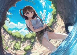 Rule 34 | 1girl, absurdres, bad id, bad pixiv id, breasts, brown eyes, brown hair, cleavage, day, derivative work, highres, kiriko (araragikoyomi), long hair, outdoors, perspective, side ponytail, small breasts, solo, wet, wet clothes