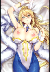 Rule 34 | 1girl, absurdres, ahoge, animal ears, arm up, artoria pendragon (all), artoria pendragon (fate), artoria pendragon (swimsuit ruler) (fate), bare shoulders, bed sheet, blonde hair, blue pantyhose, blush, breasts, breasts out, clothing cutout, detached collar, fake animal ears, fate/grand order, fate (series), fingernails, fishnet pantyhose, fishnets, green eyes, hair between eyes, highleg, highleg leotard, highres, huge breasts, leotard, lips, long hair, looking at viewer, lying, navel, navel cutout, nipples, on back, pantyhose, parted lips, playboy bunny, ponytail, rabbit ears, scan, shiny skin, sidelocks, simple background, solo, strapless, strapless leotard, wrist cuffs, zucchini
