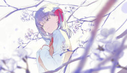 Rule 34 | 1girl, absurdres, blurry, breasts, brown vest, cherry blossoms, closed mouth, depth of field, fate/stay night, fate (series), hair between eyes, hair ribbon, hand on own chest, heaven&#039;s feel, highres, homurahara academy school uniform, long sleeves, looking down, matou sakura, medium breasts, nametarou (meron), neck ribbon, purple eyes, purple hair, red ribbon, ribbon, school uniform, shirt, short hair, smile, solo, vest, white shirt