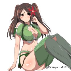Rule 34 | 10s, 1girl, alternate hairstyle, amagi (kancolle), bare shoulders, blush, breasts, brown eyes, brown hair, cleavage, cleavage cutout, clothing cutout, crop top, curvy, from side, green thighhighs, hair between eyes, hair ornament, kantai collection, large breasts, leaf hair ornament, looking at viewer, midriff, miniskirt, senshiya, shiny skin, sitting, sketch, skirt, smile, solo, thighhighs, twintails, twintails day, zettai ryouiki