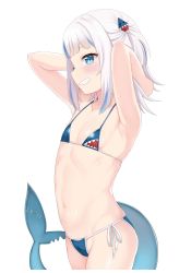 Rule 34 | 1girl, absurdres, adapted costume, arm behind head, armpits, atg (wttoo0202), bikini, blue eyes, blush, commentary request, cowboy shot, fins, fish tail, flat chest, gawr gura, highres, hololive, hololive english, looking at viewer, medium hair, micro bikini, navel, shark girl, shark tail, sharp teeth, side-tie bikini bottom, silver hair, simple background, smile, solo, swimsuit, tail, teeth, virtual youtuber, white background