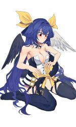 Rule 34 | 1girl, angel wings, armpit peek, asymmetrical wings, bare shoulders, belt, black thighhighs, blue hair, blush, breasts, choker, cleavage, dizzy (guilty gear), dressing, enryoooo, guilty gear, guilty gear xrd, hair between eyes, hair ribbon, hair rings, highres, large breasts, long hair, monster girl, multiple belts, red eyes, ribbon, simple background, sitting, solo, tail, tail ornament, tail ribbon, thick eyelashes, thigh strap, thighhighs, twintails, tying, white background, wings