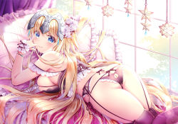 Rule 34 | 1girl, ass, back, bare shoulders, blonde hair, blue eyes, braid, breasts, closed mouth, fate/apocrypha, fate (series), frills, garter belt, garter straps, geko, headpiece, jeanne d&#039;arc (fate), jeanne d&#039;arc (ruler) (fate), lingerie, long braid, long hair, looking at viewer, looking back, lying, on bed, on stomach, sideboob, single braid, thighs, underwear, very long hair, window