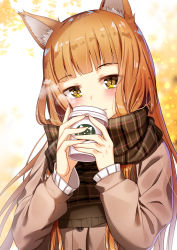 Rule 34 | 1girl, animal ear fluff, animal ears, blunt bangs, blurry, blurry background, blush, brown eyes, brown hair, brown jacket, brown scarf, closed mouth, coffee cup, commentary request, cup, depth of field, disposable cup, fingernails, fringe trim, hands up, highres, holding, holding cup, jacket, long hair, long sleeves, looking at viewer, nail polish, original, pink nails, scarf, slit pupils, smile, solo, steam, upper body, yan (nicknikg)